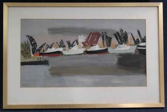 Pierre Célice (1932-) Trawlers in harbour, 10.5 x 19in.